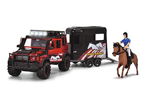 Dickie Toys - Horse Trailer Set (42 cm) - rot-schwarzer Spielzeug-Truck mit Pferdeanhänger, Pferd & Reiter - für Kinder ab 3 Jahren