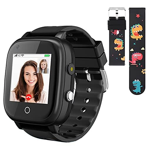 OKYUK 4G Smartwatch für Kinder mit SIM-Karte, GPS-Tracker, mehrere Desktop-Stile zur Auswahl, Zwei-Wege-Anrufe, SOS, WLAN, wasserdichter Touchscreen für 4–12 Jungen und Mädchen (T5 Schwarz)