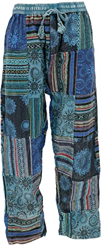 GURU SHOP Patchwork Yogahose, Goa Hose, Loose fit Hose, Blau, Baumwolle, Size:M (48)