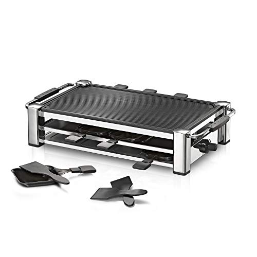 ROMMELSBACHER RCC 1500 Raclette-Grill (extra langes Kabel (2m), Tischgrill für 8 Personen, gerippte Alu-Druckguss-Grillplatte, Xylan Plus Antihaftbeschichtung, Parkdeck, 1500 W) chrom