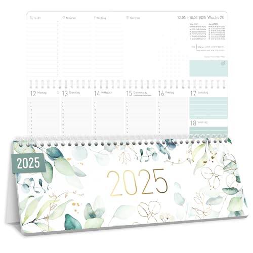 Häfft® Wochen-Tischkalender 2025 quer zum Aufstellen "Blattgold" 1 Woche 2 Seiten, Schreibtisch-Kalender mit Aufsteller, Wochenkalender 29,7 x 11,6 cm - nachhaltig & klimafreundlich