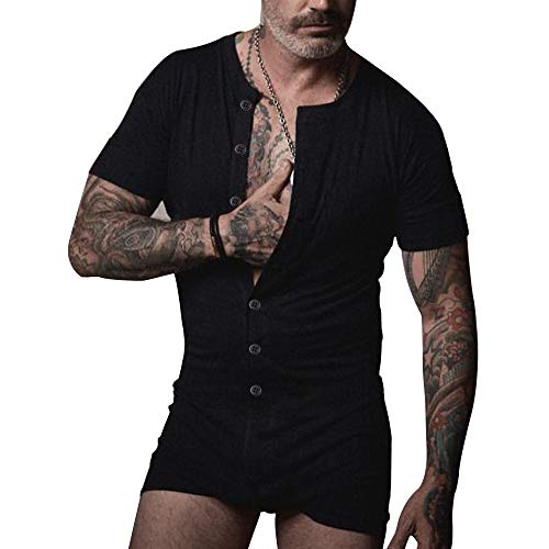 Muscle Alive Herren Unterwäsche Kurzarm Strampler Overall Henley Jumpsuit Stretchy Cotton Ramper Schwarz XL