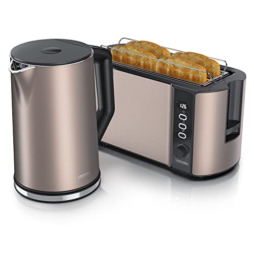 Arendo - Wasserkocher mit Toaster SET Edelstahl Beige, Wasserkocher 1,5L 40° 100°C Warmhaltefunktion Toaster 4 Scheiben LED-Display 6 Bräunungsgrade Brötchaufsatz