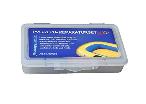 fishingglue.de PVC & PU Reparatur Set XXL, Flickzeug für Schlauchboot Zelt Pool Gewebe Planen Markise Isomatte Luftmatratze aus Vinyl, PVC, Polyurethan