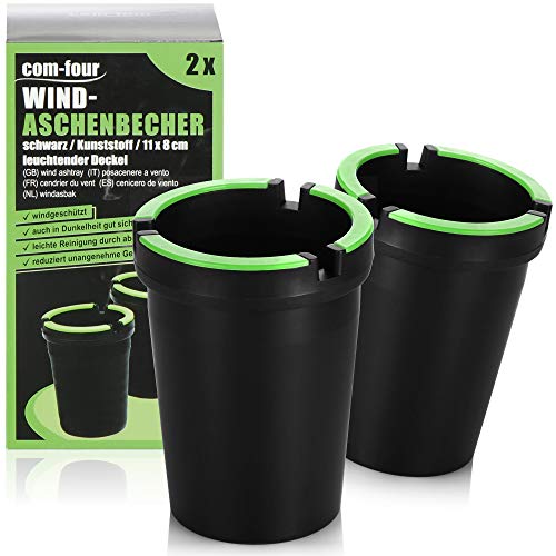 com-four® 2x Aschenbecher für draußen - Windaschenbecher - Sturmaschenbecher mit leuchtendem Deckel - Autoaschenbecher, Ø 8 cm (02 Stück - schwarz)