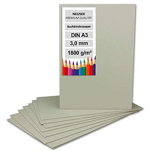 NEUSER PAPIER 5X Buchbinderpappe DIN A3 (29,7 x 42 cm) - Stärke 3,0 mm (0,3 cm) - Grammatur: 1800 g/m² - Graupappe zum Basteln, Modellbau, Buchbinden