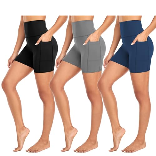 FuelMeFoot 3 Pack Damen Radlerhose mit Taschen Kurze Leggings High Waist Shorts Sporthose Kurze Blickdicht Yoga Shorts Laufhose.03-Schwarz/Dunkelgrau/Navy blau S/M