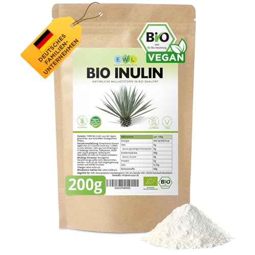 EWL Naturprodukte Inulin Pulver BIO 200g, Ballaststoffe Pulver aus Agave gewonnen, Inulinpulver Bio aus kontrolliert biologischem Anbau