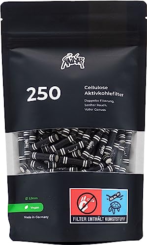 KAiLAR 250 BLACK Cellulose Aktivkohlefilter Slim (5,9 mm) mit veganer Aktivkohle aus Kokosnussschalen | Für ein schadstoffärmeres und sanftes Raucherlebnis ohne zu verstopfen (Kälteresistenz)