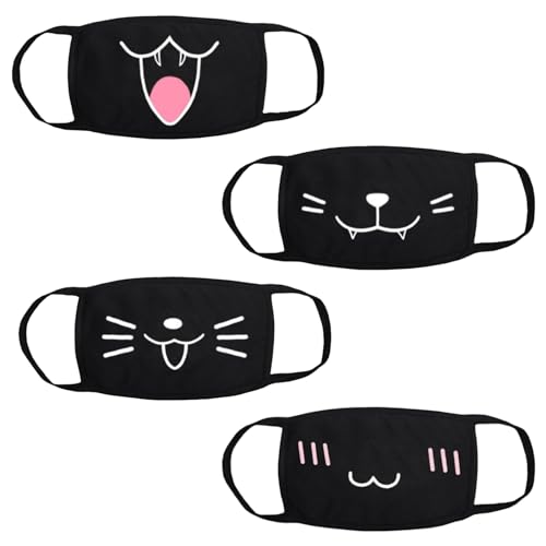 4 Stück Mundschutz Maske Femboy Mask Stoffmaske Mundmaske Baumwollmaske Anime Cartoon Mundschutz Emotionsmaske Schwarz mit Motiv Staubdichte Mode Baumwolle Anti-Staub Wiederverwendbare Waschbar