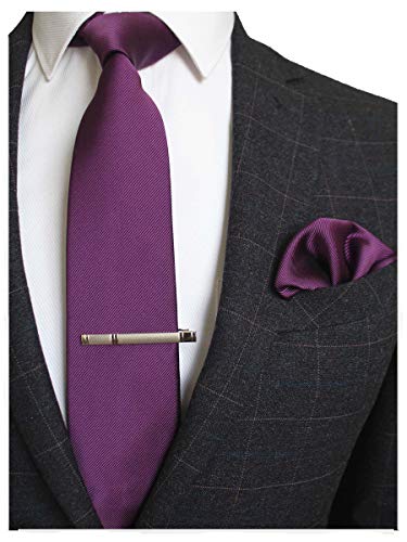 JEMYGINS Seide Krawatte Krawatten und Einstecktuch mit krawattenklammer Set für Herren Seidenkrawatten Hochzeit Schlips,Lila