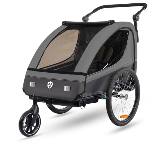 Tiggo VS Kinderanhänger 360° Drehbar mit Federung 2in1 Fahrradanhänger mit Buggy Set Jogger 5-Punkt Gurt Fahrrad Anhänger für 1 bis 2 Kinder max. 40kg (Dunkel Grau)