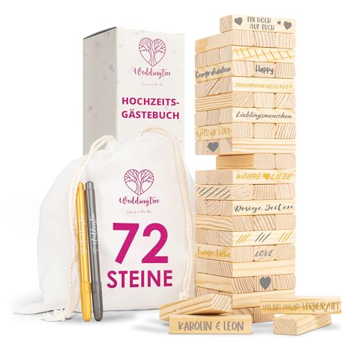 WeddingTree Holzturm als Gästebuch Hochzeit - Mit 72 Steinen, Aufbewahrungsbeutel und 3 Metallic Markern - Hochzeitsspiel als Gästebuch Alternative - Hochzeit Ideen (Natur)