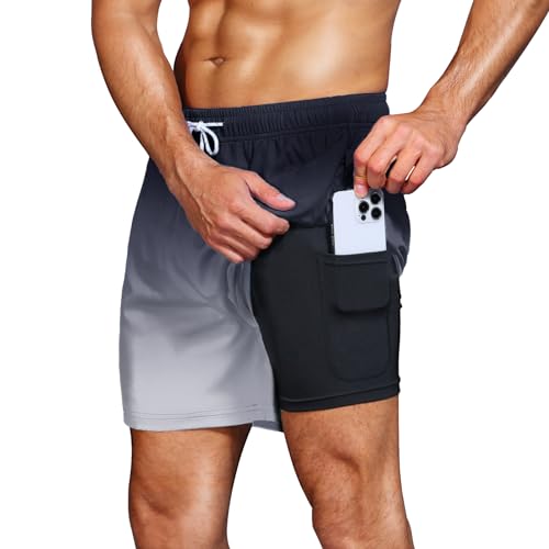 HMIYA Badehose Herren 2 in 1 Badeshorts Schwimmhose Schnelltrocknend Kurz Boardshorts mit Kompression und Reißverschlusstaschen(Farbverlauf Schwarz Grau XXL)