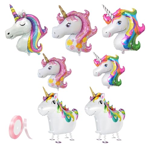 8 Stück Einhorn Luftballon, Airwalker Einhorn Folienballon, Unicorn Ballon Dekoration mit Ballonband, Perfekt Geschenke für Kinderfeiern