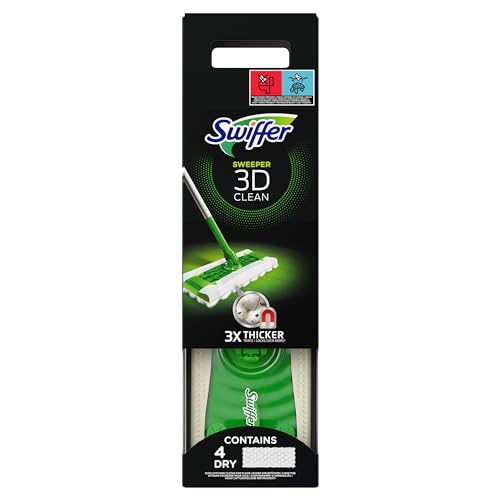 Swiffer Bodenwischer 3D Clean Trockene und Feuchte Bodentücher Starterset ( 1 Stab, 4 Trockene Bodentücher, 2 Feuchte Bodentücher), Nasswischer, Wischer zur Reinigung von Hartholz und Böden