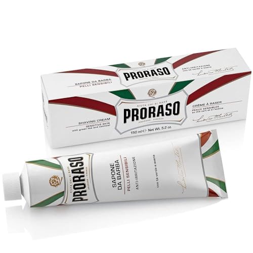 Proraso Shaving Cream Tube Sensitive, 150 ml, beruhigende und cremige Rasierseife für Herren, mit Hafer und Grüntee-Extrakten, Made in Italy, Weiß