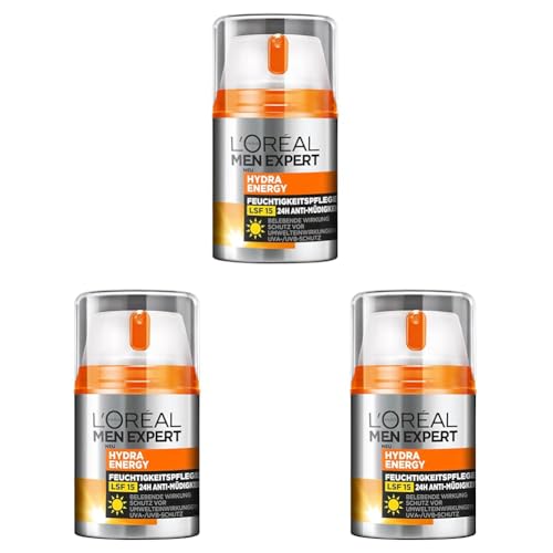 L'Oréal Men Expert Gesichtspflege mit LSF 15, Feuchtigkeitscreme mit Sonnenschutz, Mit Guarana und Vitamin C, Hydra Energy Feuchtigkeitspflege 24H Anti-Müdigkeit, 1 x 50 ml (Packung mit 3)