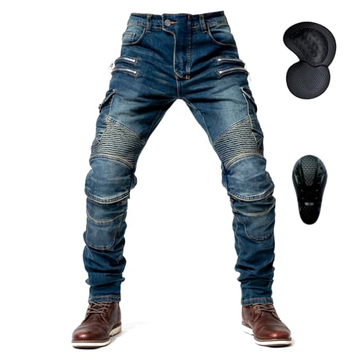 oFzimTo Motorrad-Jeanshose Für Herren, Sturzfeste Jeans Mit Geradem Bein Und 4 Arten Von Schutzausrüstung, Motorradhose Für Motorradrennfahrer (Blue,3XL)