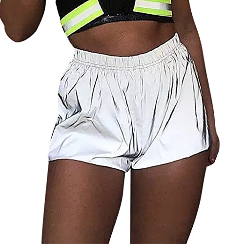 rtdgcv Damen Sexy Reflektierende Shorts Hose Glänzende Sporthose Nachtclub Party Festival Rave Outfit Schlafanzughose Damen Kurz Shorts Summer Damen Shorts Sport Shorts Damen Kurz (Silver, L)