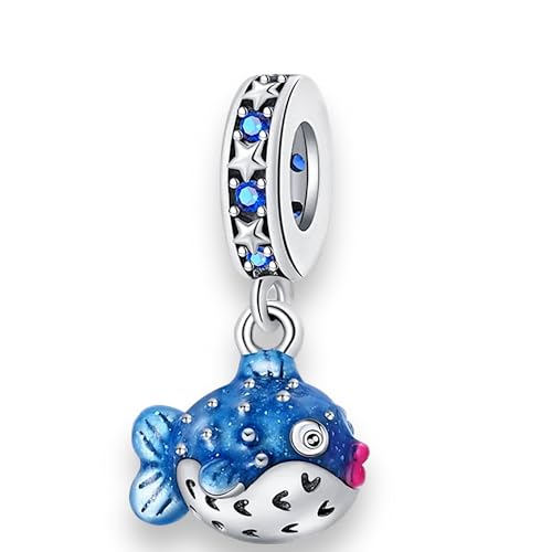 Streetculture Süßer im dunkeln leicht leuchtender Kugelfisch - Fugu Fisch Sealife Kristall Sealife Tauchen Urlaub Essen - Bettelarmband Anhänger Schmuck Zubehör 925 Silber Geschenk Sterlingsilber