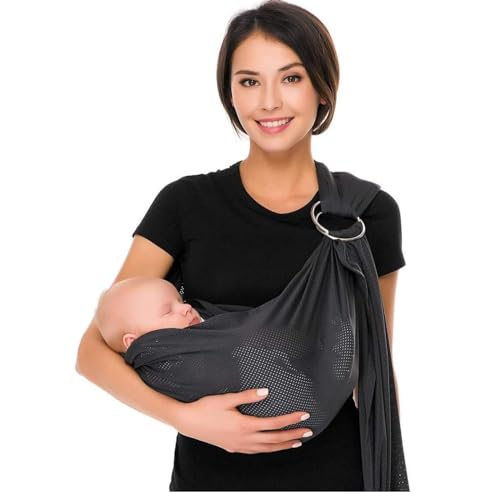 CUBY Einstellbar Schultertrage für Babys mit Rostfreier Doppel Ring, Baby Tragetuch mit Atmungsaktiv Masche, Babytragetuch Ring Sling Perfekt für Neugeborene und Kinder Unter bis 15kg (Dunkelgrau)