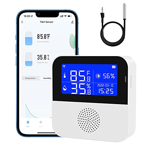 Comboss WiFi Hygrometer Thermometer Sensor mit externer Sonde, Echtzeit-Synchronisierung Aktualisierung, mit LCD Hintergrundbeleuchtung, Summeralarm, Arbeit mit Tuya-App, für Heimgewächshaus