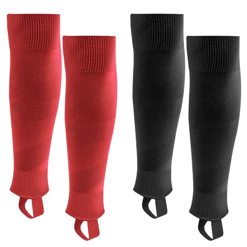 Northdeer Herren Stutzen Fussball Kinder Jugendliche Fußballstutzen Stegstrümpfe Sleeve Fußballsocken mit Steg 2 Paar (Schwarz + Rot L)