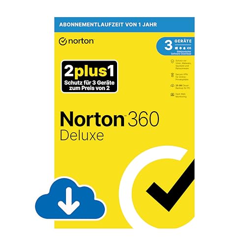 Norton 360 Deluxe 2024, 2plus1, 3 Geräte, Antivirus, Secure VPN, Passwort-Manager,1-Jahres-Abonnement, PC,Mac,Android,iOS, Aktivierungscode per Email