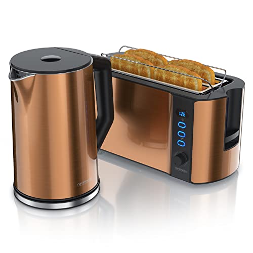 Arendo - Wasserkocher mit Toaster SET Edelstahl Kupfer, Wasserkocher 1,5L 40° 100°C Warmhaltefunktion Toaster 4 Scheiben Display 6 Bräunungsgrade Brötchaufsatz