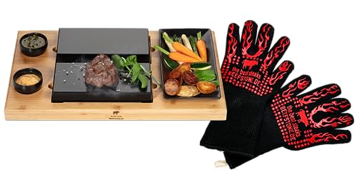 Beefstone Lavastein Steak-Brett Hot Stone Steingrill mit 2 Steinen Set aus Bambusbrett Lavastone, Fleisch, Fisch grillen auf heißem Stein, mit feuerfesten Handschuhen gratis dazu (Due)