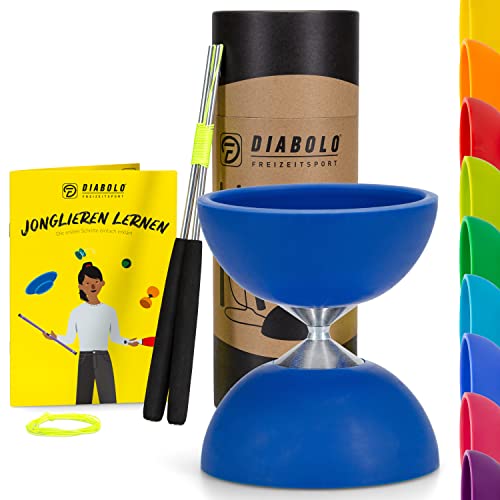 Diabolo Freizeitsport Jonglier-Set Basic mit Diabolo (blau), Handsticks aus Aluminium, Ersatzschnur (160cm), Anleitung, Geschenk für Kinder & Anfänger