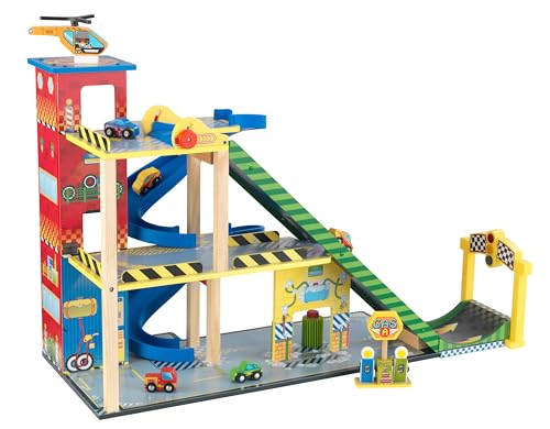 KidKraft Mega Rampe Parkgarage aus Holz mit Aufzug, Garage Spielset mit Autorennbahn, Waschstraße, Tankstelle, 4 Autos, Hubschrauber, Auto Spielzeug für Kinder ab 3 Jahre, 63267