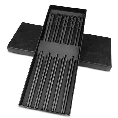 Frevoitna 5-Paar Essstäbchen Fiberglas Set, Stäbchen Schwarz Legierung 24cm, Chopsticks Chinesische Spülmaschinenfest Waschbar Rutschfeste Stäbchen, Sushi Japanische Essstäbchen Kirschblütenmuster