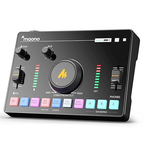 MAONO Streaming Audio Mixer, RGB PC Audio Interface mit XLR Mikrofon, Bluetooth, Eingebauter Akku, Geräuschunterdrückung, 48V Phantomspeisung, Für Podcast, Aufnahme, Gesang,Gaming AMC2 NEO