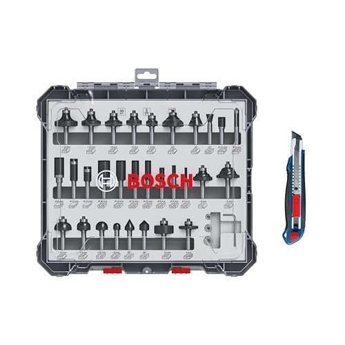 Bosch Professional 30tlg. Fräser Set mit Cuttermesser (für Holz, Ø 8 mm Schaft, Zubehör Oberfräse)