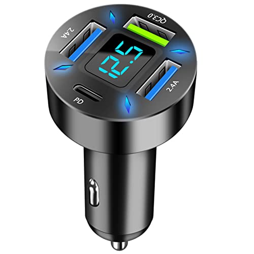 4-Port USB C Auto Ladegerät Zigarettenanzünder Adapter, 50W QC3.0,PD Schnellladegerät mit LED Voltmeter 12V USB Buchse kompatibel mit iPhone, Android, Samsung, Tablet und allen Smartphones