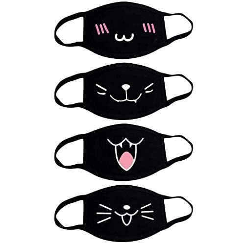 Fashionapple 4 Stück Mundschutz Anime Cartoon Maske Unisex Baumwolle Anti-Staub Mode Kawaii süße mundschutz Wiederverwendbare Emotionsmaske schwarz mit Motiv