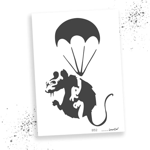 LaserCad Schablonen BANKSY Streetart (B052, Parachuting Rat, DIN A4) Stencil für Graffiti, Airbrush, Kunst, Deko, zum Malen