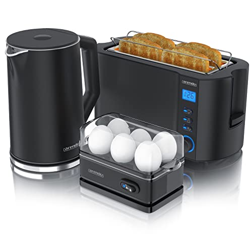 Arendo - Wasserkocher mit Toaster SET und Eierkocher, Edelstahl Schwarz Wasserkocher 1,5L 40° - 100°C Toaster 4 Scheiben LED-Display 6 Bräunungsgrade Eierkocher 1-6 Eier Messbecher BPA frei