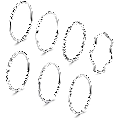 JeweBella 7 Stück Ringe Silber für Damen Edelstahl 1MM Plain Dünn Midi Fingerring Minimalistisch Daumenringe Set Stapelbarer Knuckle Ringe Silber Einfaches Twist Ringe Frauen