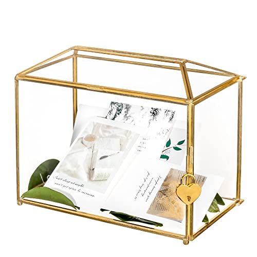 NCYP 26cm Large Geometric Glass Card Box Terrarium mit Schlitz und Herzschloss, Fuß, Gold, handgefertigt, Messing, für Hochzeitsempfang, Wishwell, Andenken-Herzstück, Glasbox und nur Schloss