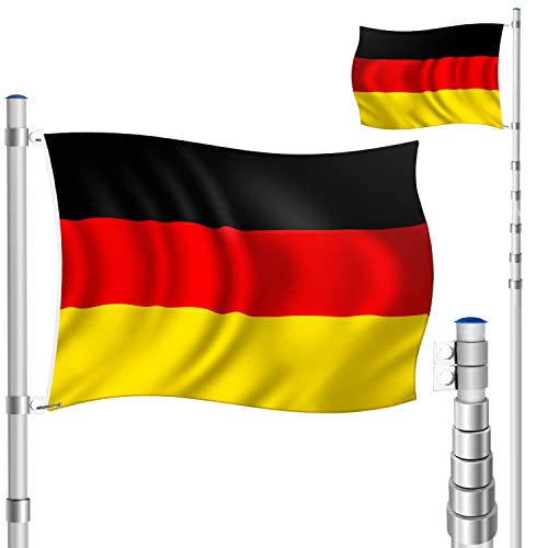 KESSER® Teleskop Fahnenmast Aluminium 6,30m Bodenhülse 60cm inkl Deutschlandfahne Höhenverstellbar Flaggenmast Mast Deutschland Flagge Alu (Silber)