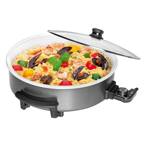 Clatronic® Partypfanne | Multifunktionspfanne zum Kochen, Braten und mehr | Keramikbeschichteter Bräter mit Deckel | Elektrischer Topf mit Thermostat | PP 3570 C