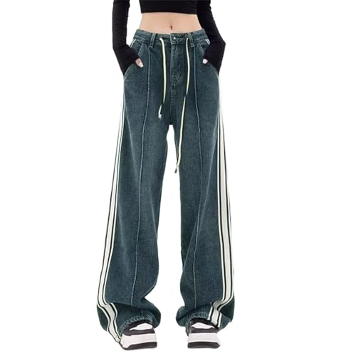 Briskorry Damen Low Waist Wide Leg Jeans Y2K Gothic Baggy Denim Jeans Distressed Straight Jeanshosen Punk Gerade Hose Wide Leg Jeans Vintage Denim Hose E Girl