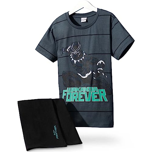 Marvel Avengers Schlafanzug Jungen Set, Baumwoll-Shirt und Shorts Set, Schlafanzãge fãr Jungen, Schwarzer Panther, Alter 7 bis 8 Jahre, Kinder Geschenke