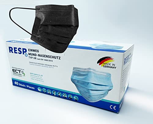 RESP Medizinische OP Maske - MADE IN GERMANY Typ IIR CE Zertifiziert 40 Stück Mundschutz Masken medizinisch für Erwachsene Einwegmaske Chirurgische Mund - Nasen Schutzmaske Einwegmasken (40, Schwarz)