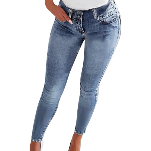 QWUVEDS Frauen Hosen Bleistift Denim dünne Hosen Plus Stretch schlanke Hosen Größe Waist Damenjeans Hosen Mädchen 152 Leggins Kariert Jeggings Damen Stretch Jeans Damen (24-0313D-Light Blue, XL)