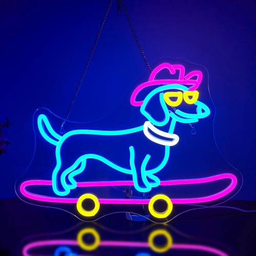 Looklight Skateboard-Hunde-Neonschild Dackel-Neonschilder LED-Schilder dimmbarem Schalter niedlicher Welpe mit Cowboyhut Neonlichtschilder für Schlafzimmer Tierhandlung Geschenke für Hundeliebhaber