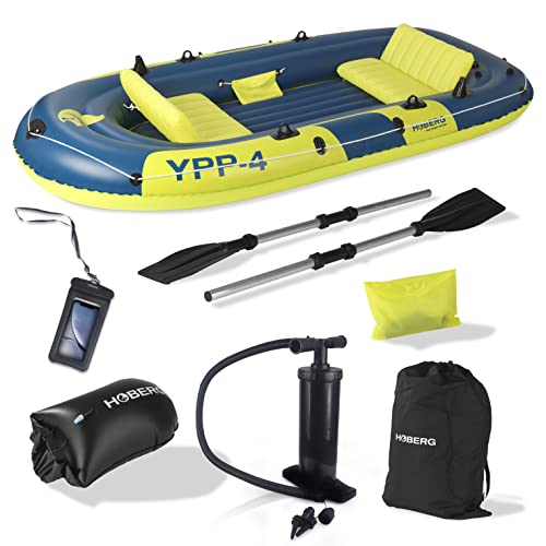 Hoberg Schlauchboot 4-Sitzer YPP-4" | Für 4 Personen | Maße 322 x 165 cm & bis 360 kg belastbar | Mit 2 Sitzbänken, 2 Paddeln, Pumpe, Reparatur-Kit, 2 Angelhalterungen & weiterem Zubehör [Blau/Gelb]